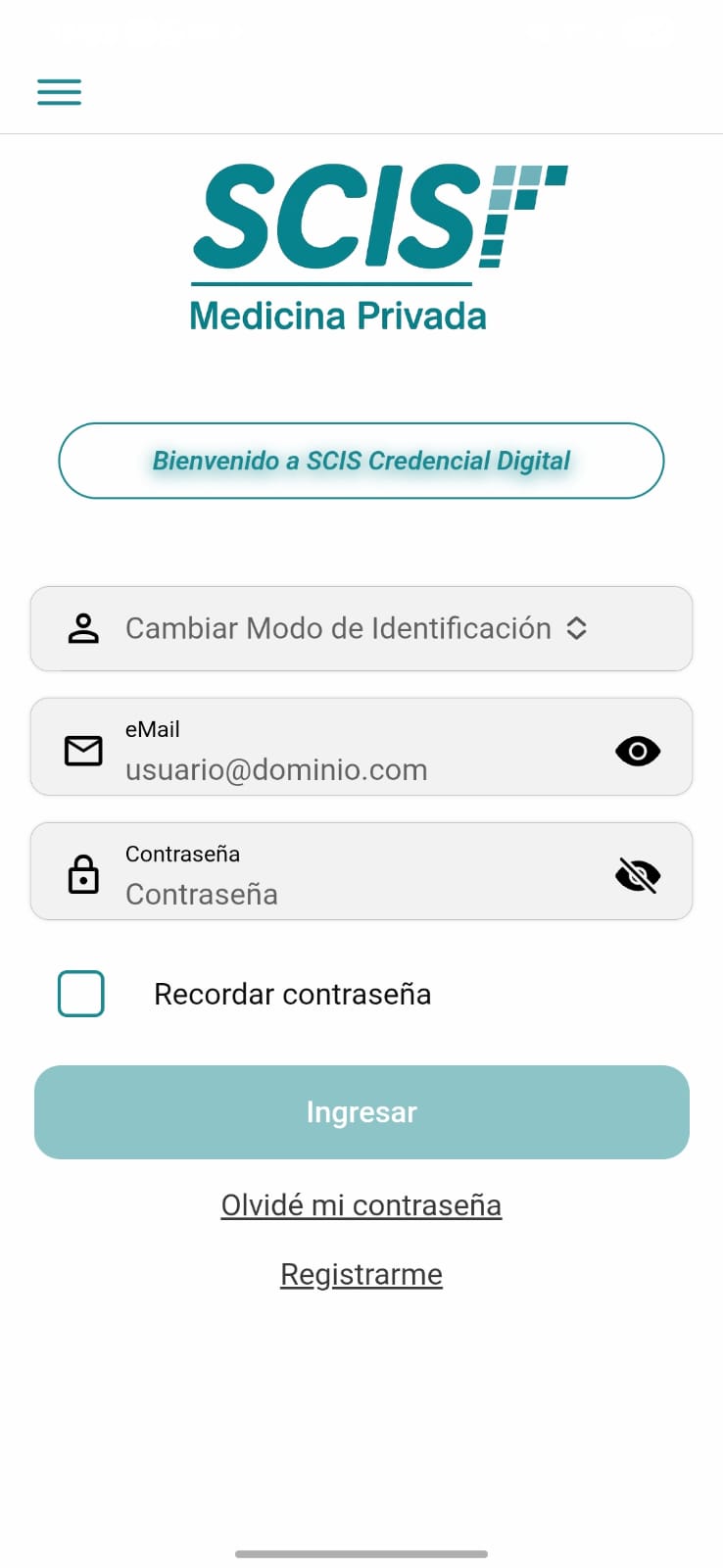 Pantalla de registro inicial