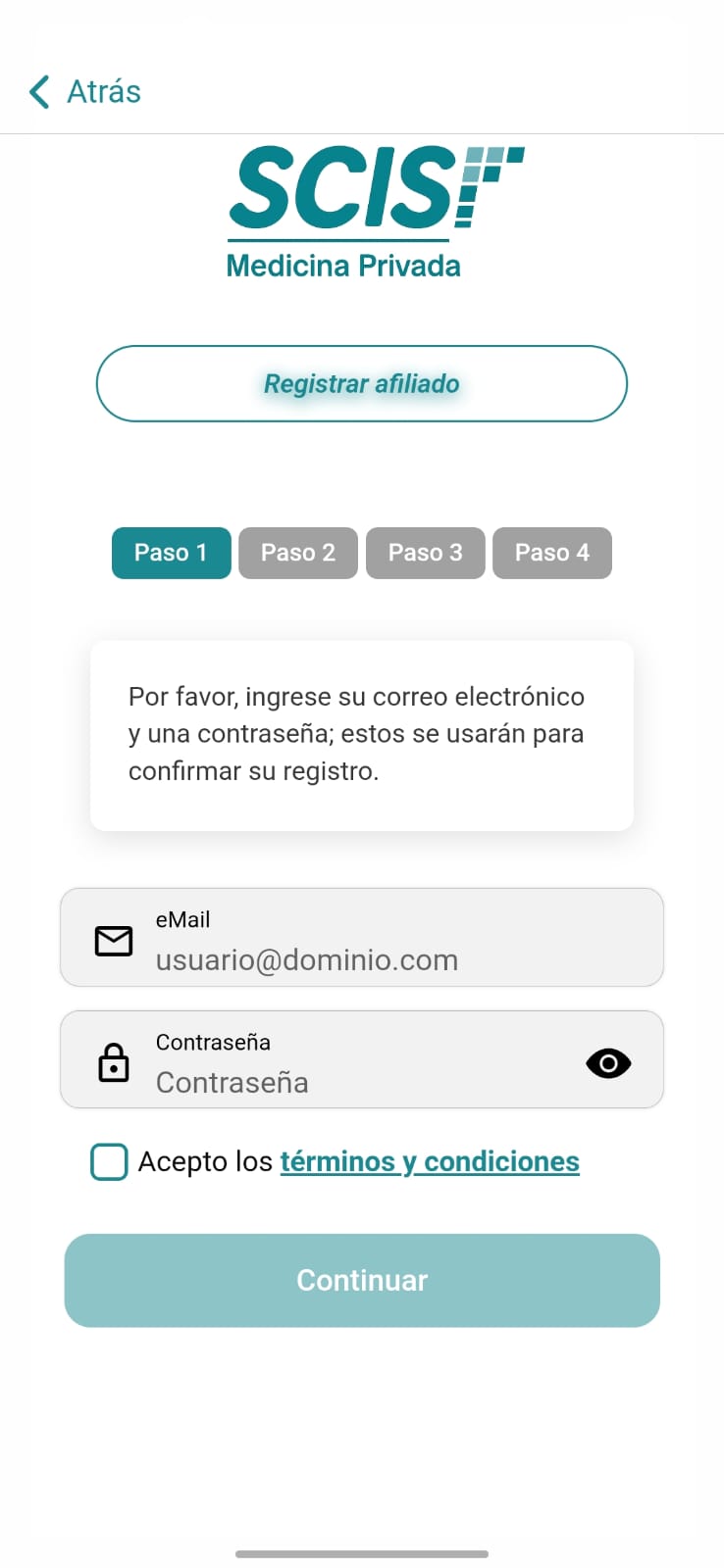 Pantalla para ingresar correo y contraseña