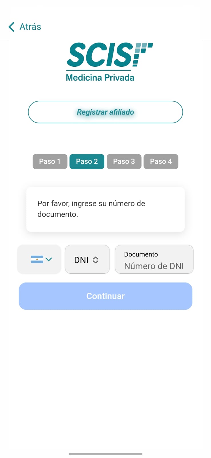 Pantalla para ingresar DNI