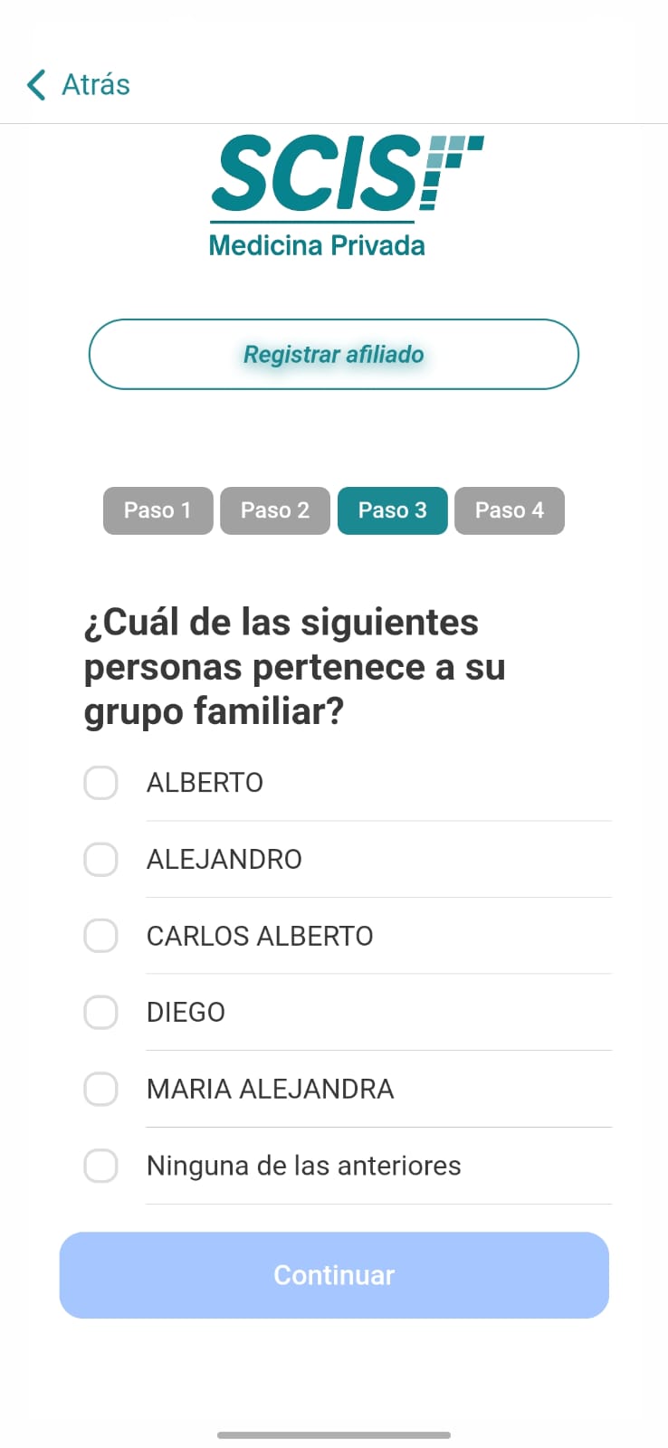 Pantalla para seleccionar familiar